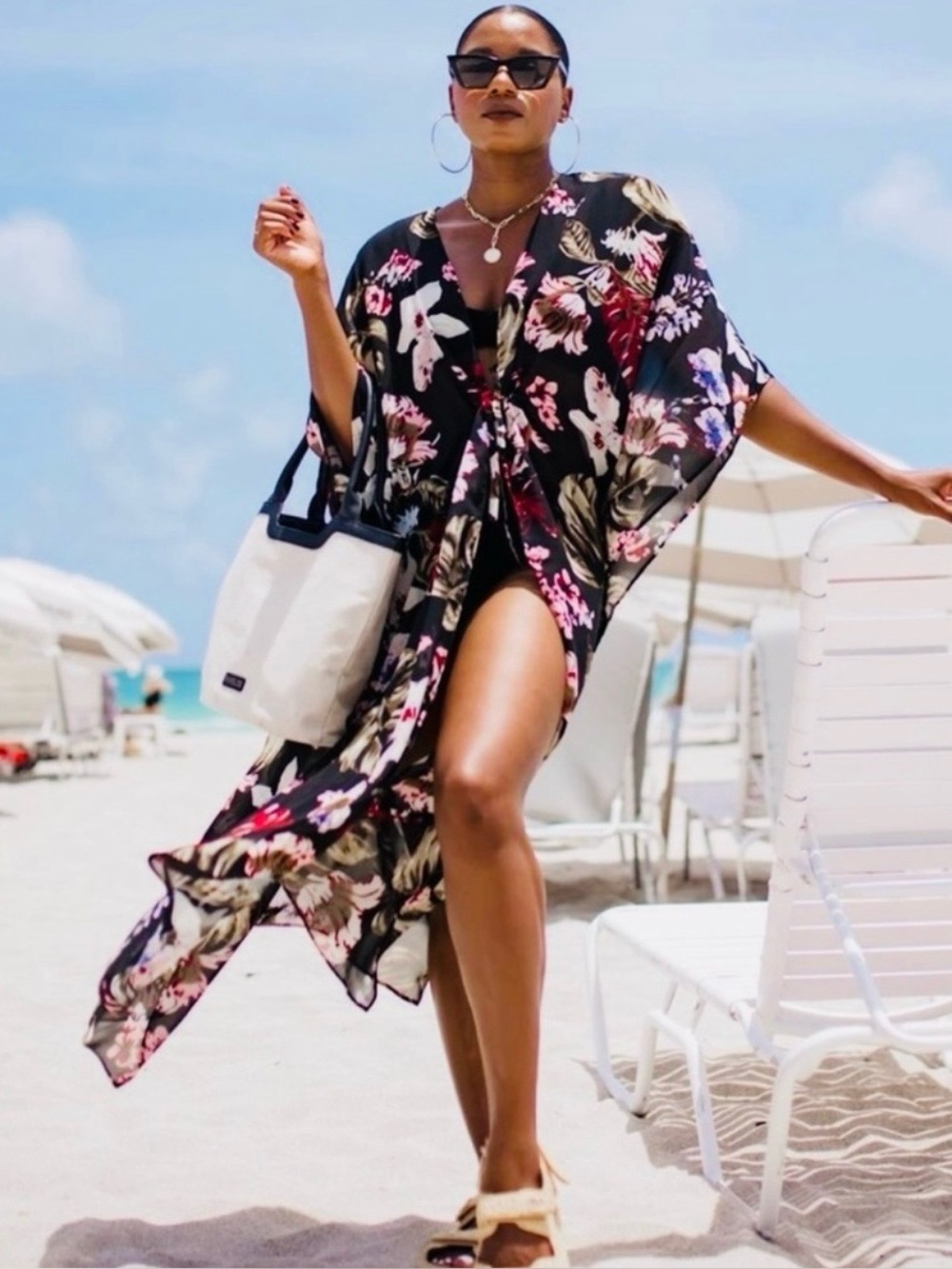 Walter Baker Tulum Floral Caftan Kimono Cover Up OS Black Tropical Resort Duster - Picture 5 of 13